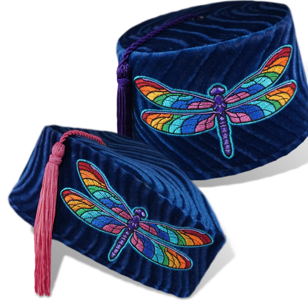 Rainbow colored Dragonfly embroidered on a velvet fez and chapeau
