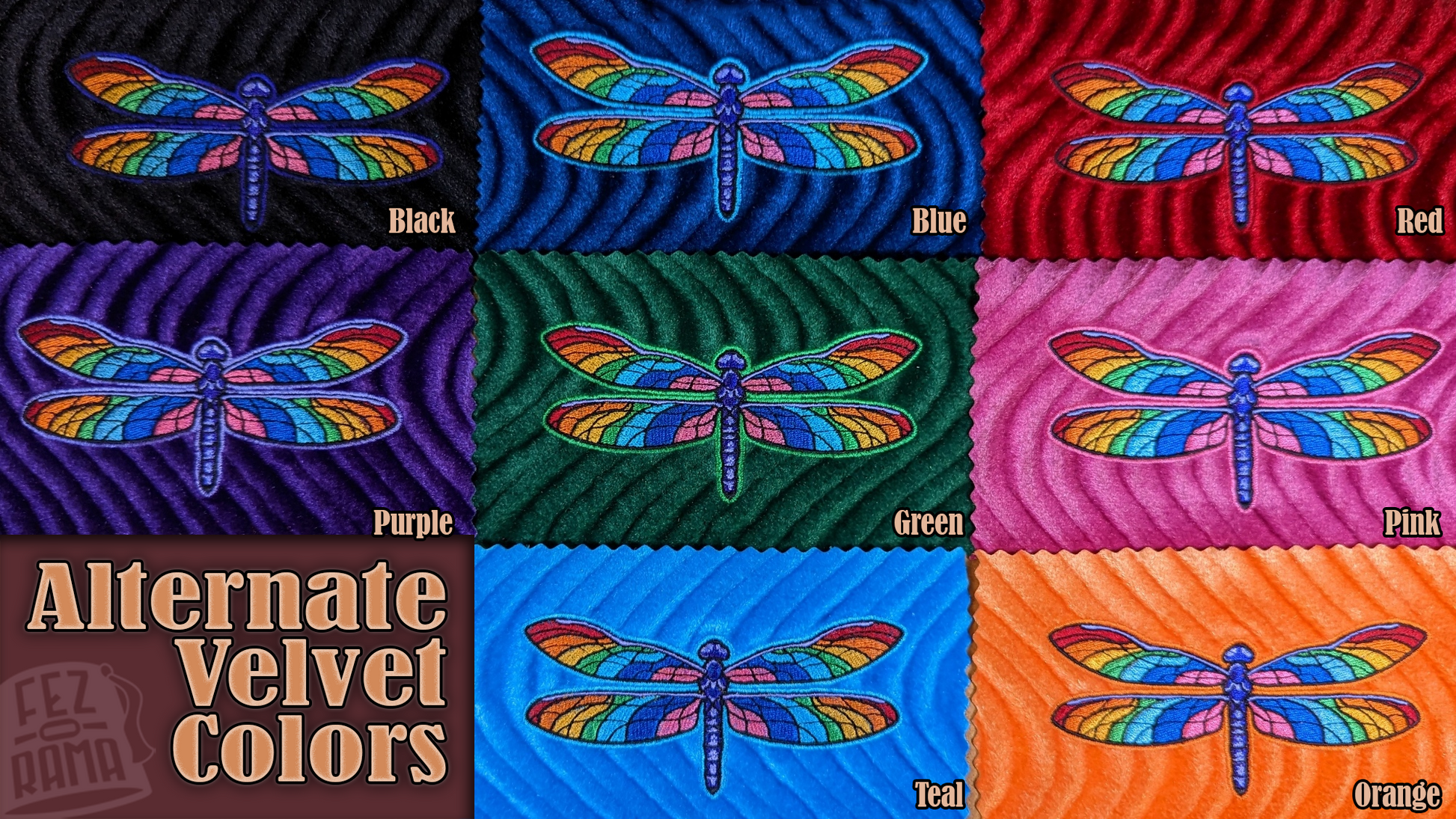 Alternate velvet colors are available for the Pride Dragonfly Fez: Black, Blue, Red, Purple, Green, Pink, Teal, Orange
